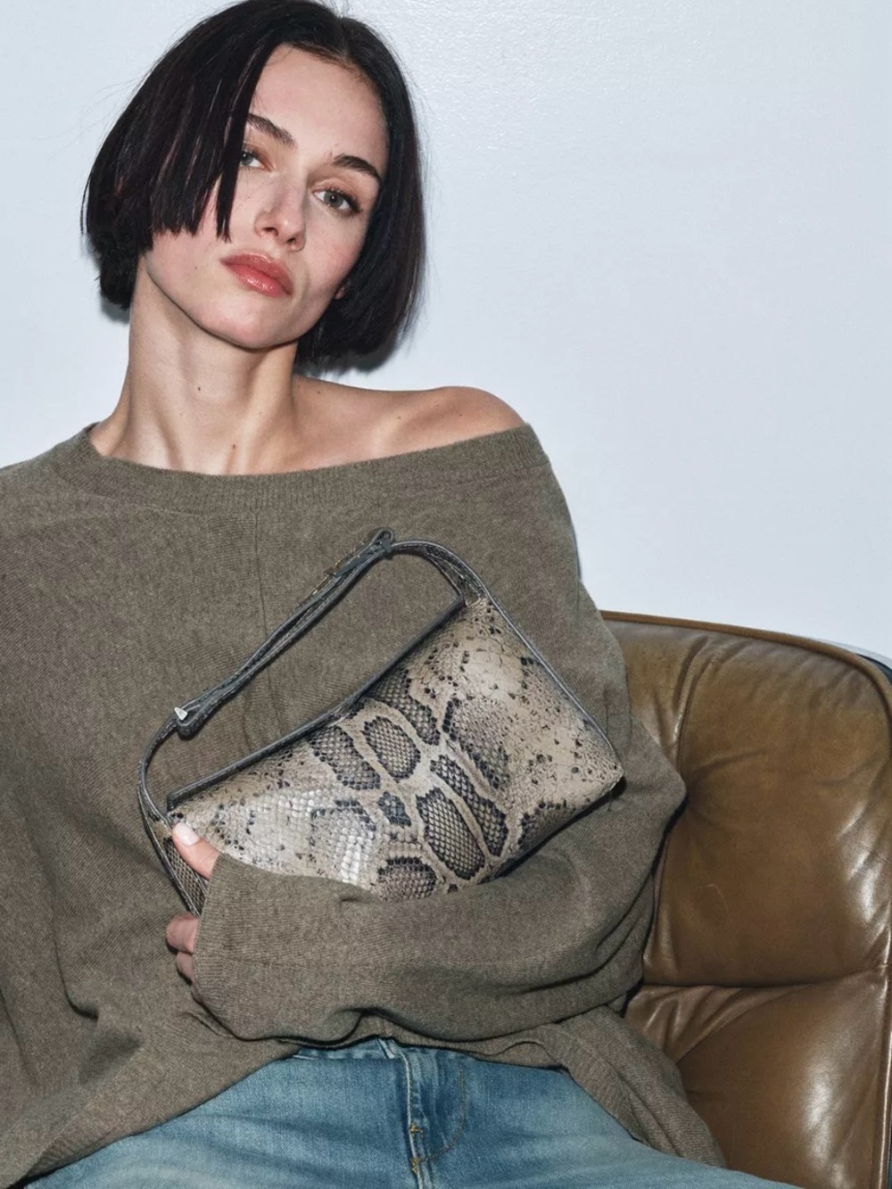 Zara 100% Leather Animal Print Bag Snakeskin Effect Chic Elevated Basic Size M